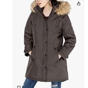 Madden Girl Juniors' Hooded Faux-Fur-Trim Parka- Size medium